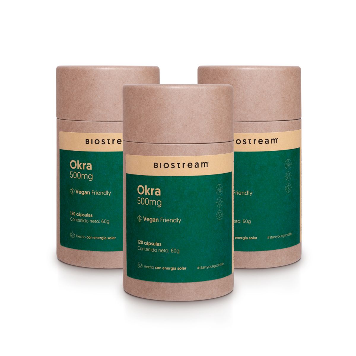 BIOSTREAM - Pack X 3 Okra 500mg 120 Cápsulas Vegano Detox para la Digestion Biostream