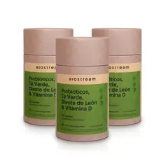 BIOSTREAM - Pack X 3 Probióticos Té Verde Diente de Leon & Vitamina D 120 Cápsulas