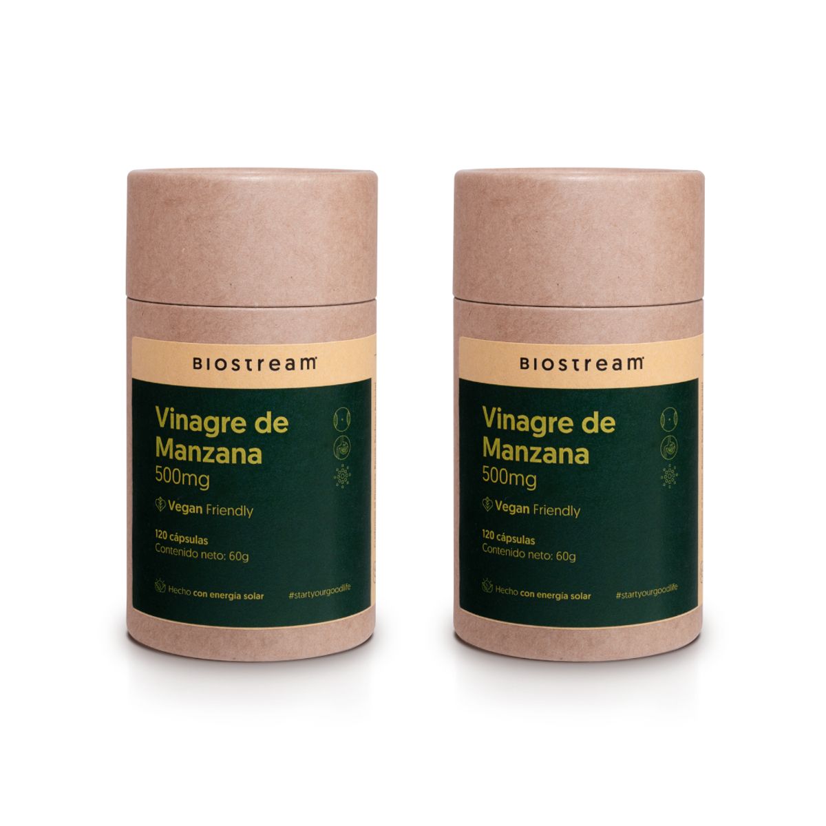 BIOSTREAM - Pack X 2 Vinagre de Manzana 500mg 120 Cápsulas Vegano Detox Biostream