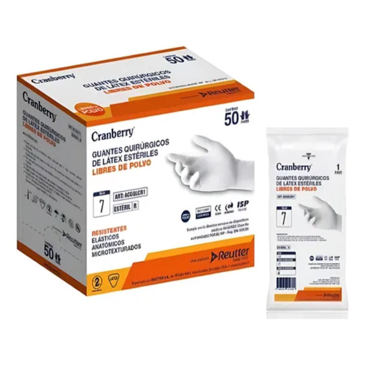 CRANBERRY - Guante Esteril Quirurgico Cranberry Talla 7 Caja X 50 Pares
