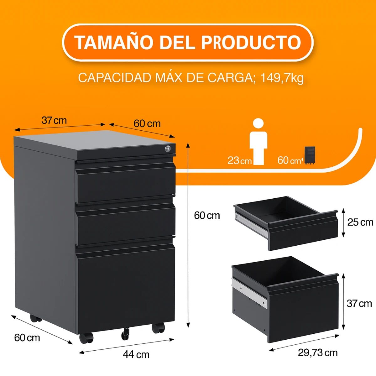 GENERICO - Cajonera Metalica 3 cajones - Linea Black C01B