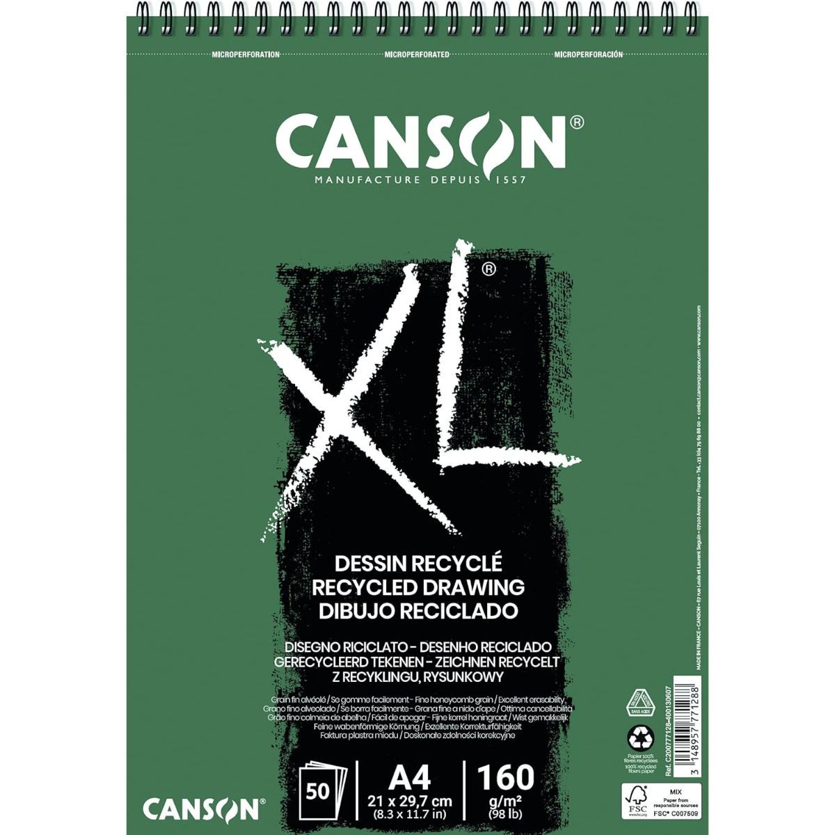 CANSON - Croquera Dibujo Canson XL Reciclado 160gr 50hjs A4 21x29cm