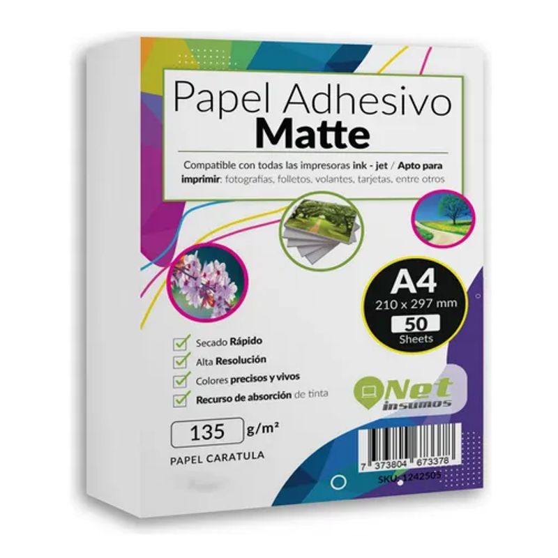 GENERICO - Papel Fotográfico Adhesivo Matte A4 135 Gr 50 Hojas Blanco