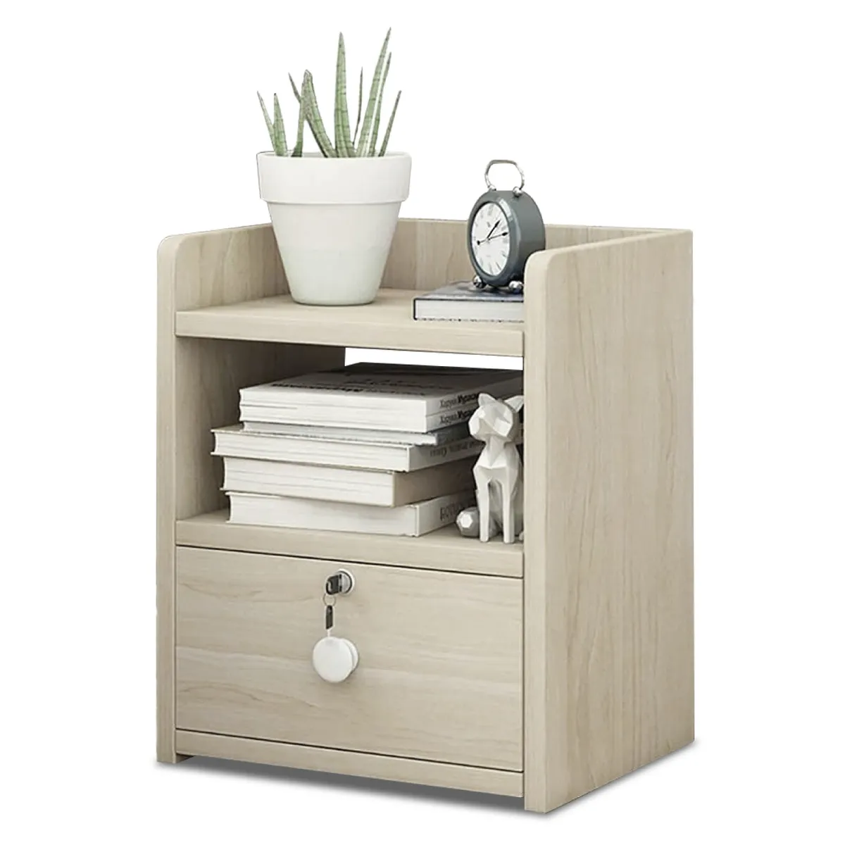 MUNDO ONLINE - Velador Mesa de Noche 2 Niveles 1 Cajon con Llaves 40x33x27