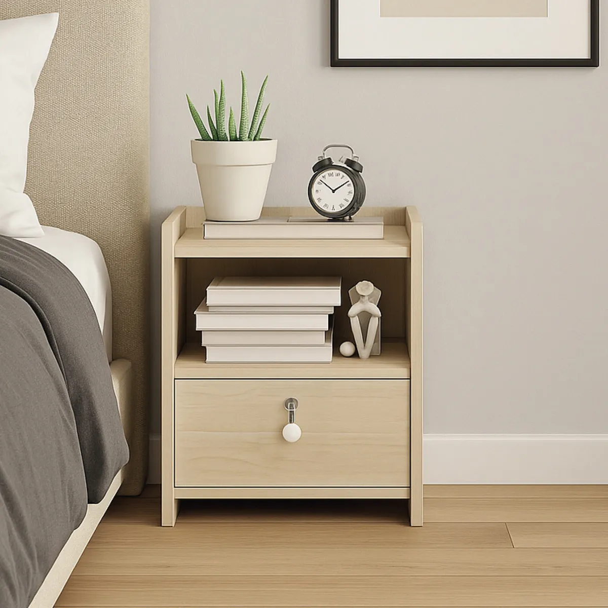 MUNDO ONLINE - Velador Mesa de Noche 2 Niveles 1 Cajon con Llaves 40x33x27