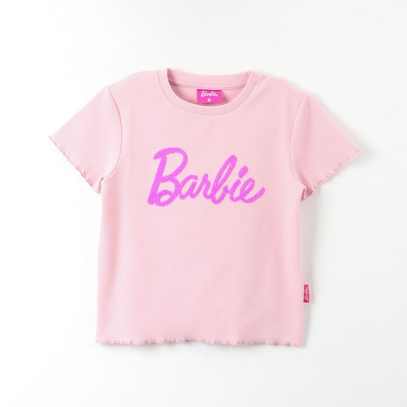 BARBIE - Polera Manga Corta Niña Lentejuelas Reversible Rosado Barbie