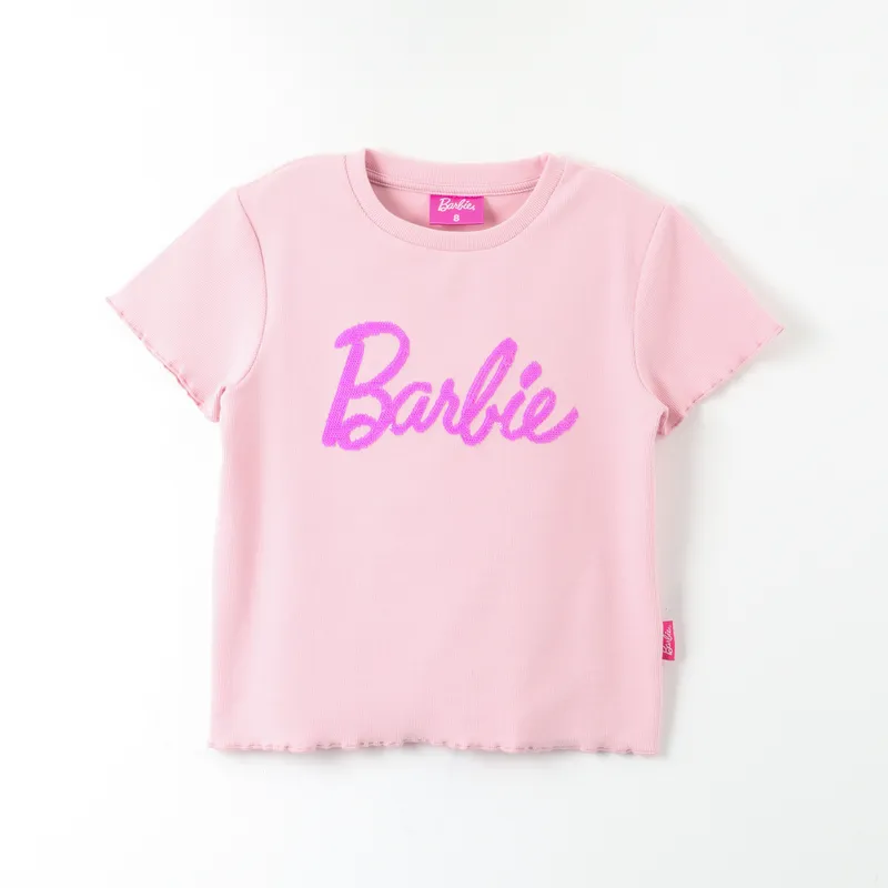BARBIE - Polera Manga Corta Niña Lentejuelas Reversible Rosado Barbie