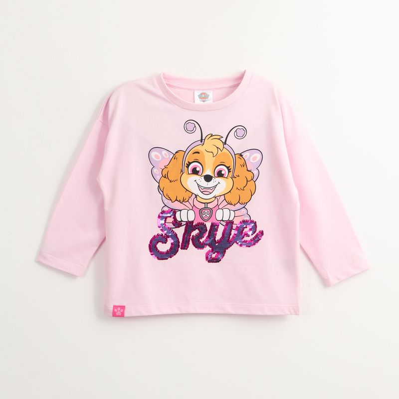 PAW PATROL - Polera Manga Corta Niña Skye Lentejuelas Rosado Paw Patrol