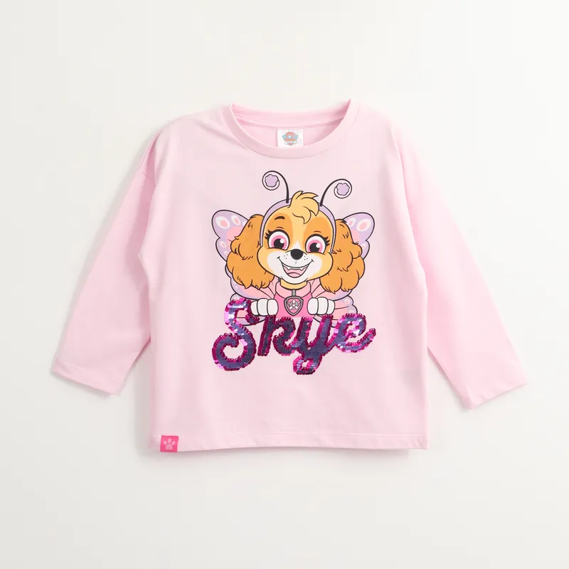 PAW PATROL - Polera Manga Corta Niña Skye Lentejuelas Rosado Paw Patrol