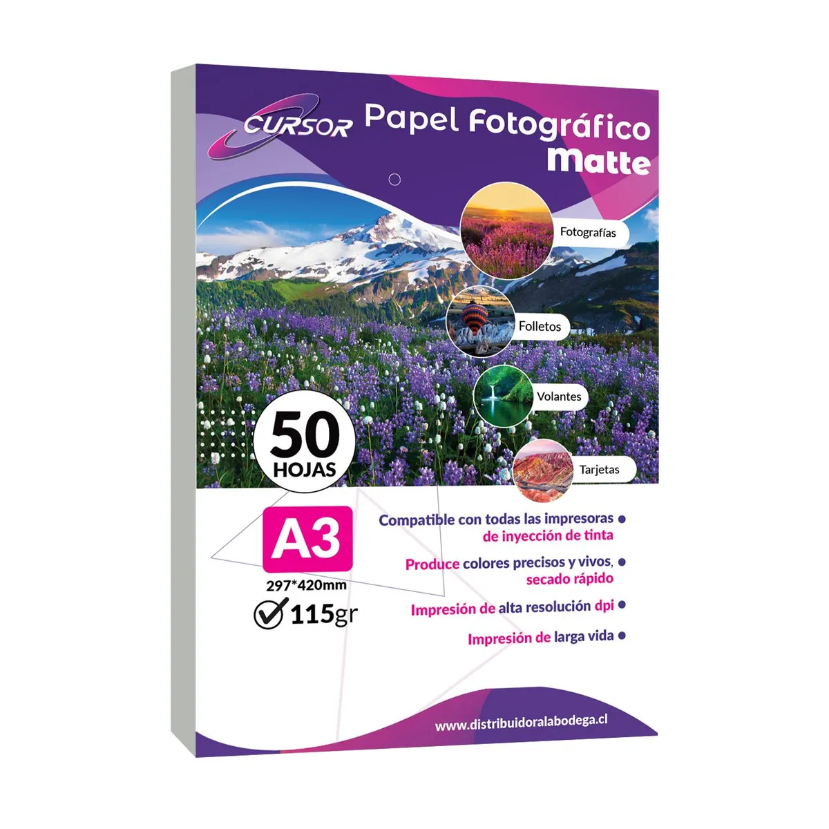 Papel Foto Alta Resolución Matte A3 115gr 50 Hojas - Blanco - A3, marca CURSOR - Foto Principal