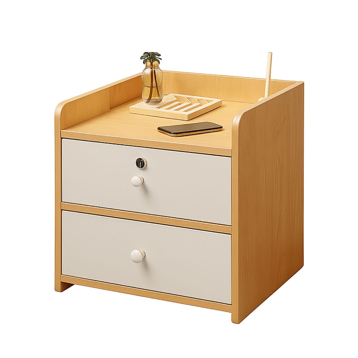 MUNDO ONLINE - Velador Bicolor 1 Niveles 2 Cajon con Llave 40x33x27 Cm