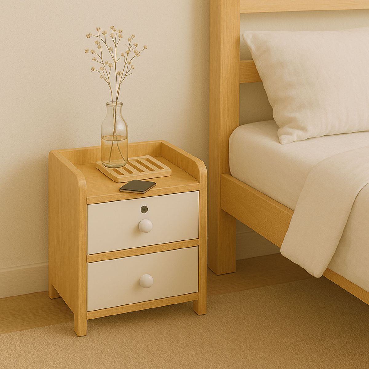 MUNDO ONLINE - Velador Bicolor 1 Niveles 2 Cajon con Llave 40x33x27 Cm