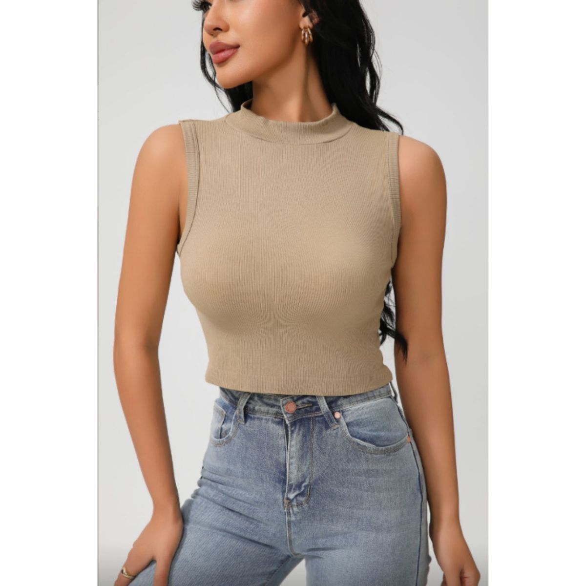 LIKE SHOP - Polera Corta Mujer Top Sin Manga Full Elasticada Cuello Alto 9009