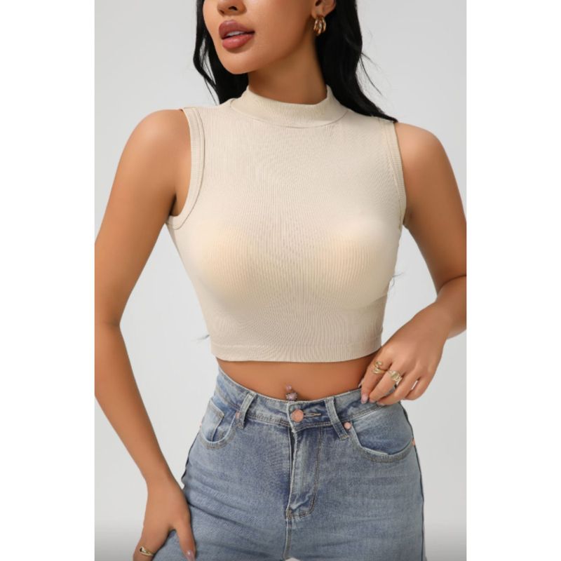 MPROPIA - Polera Corta Mujer Top Sin Manga Full Elasticada Cuello Alto 9009