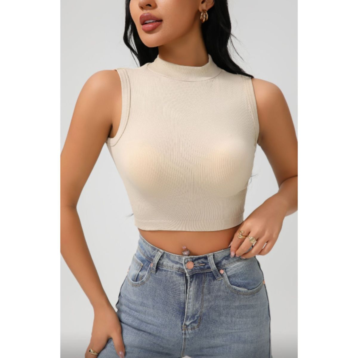 LIKE SHOP - Polera Corta Mujer Top Sin Manga Full Elasticada Cuello Alto 9009
