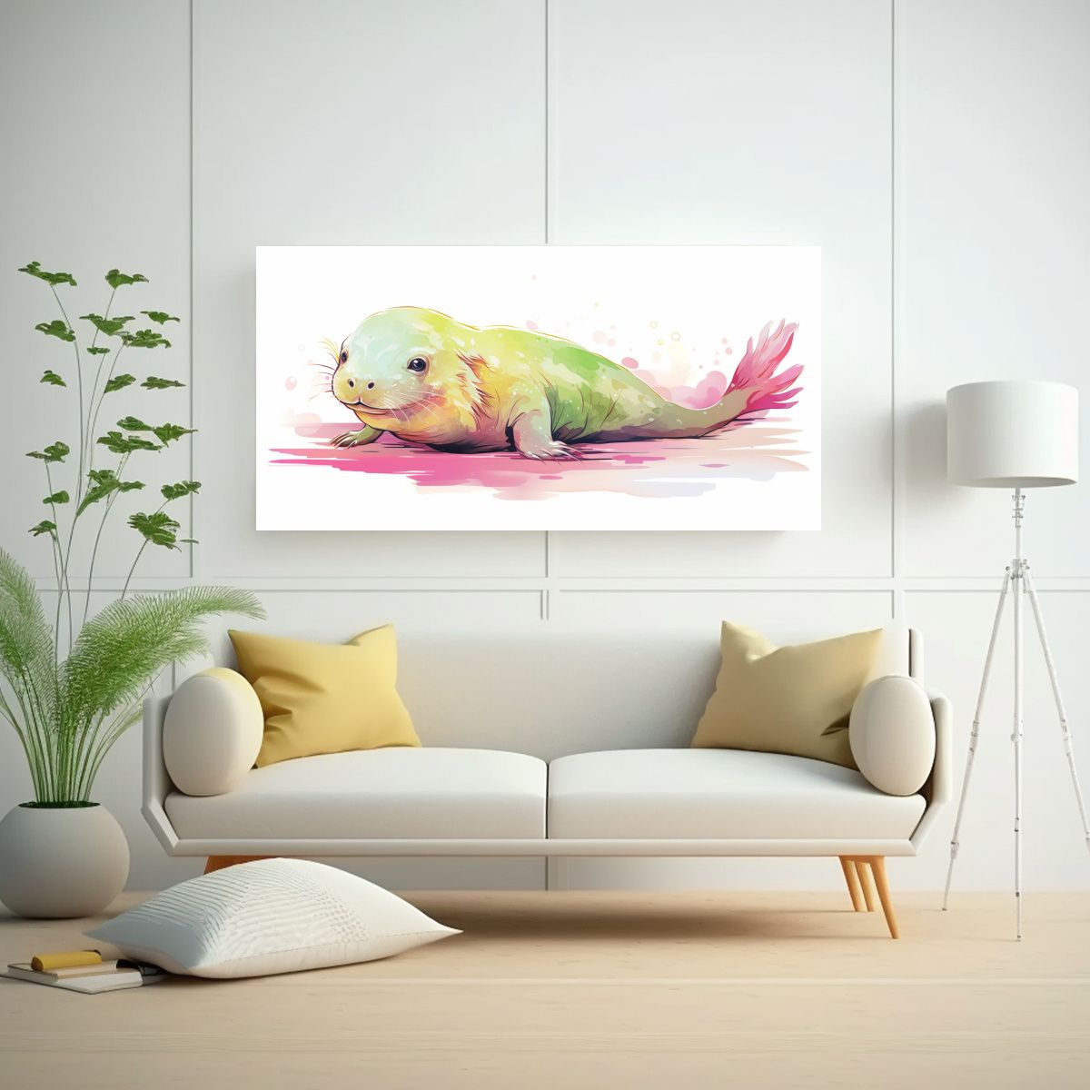 GENERICO - Lienzo Acuarela Axolote Y Morsa En Colores Lima Y 60x30 Cm