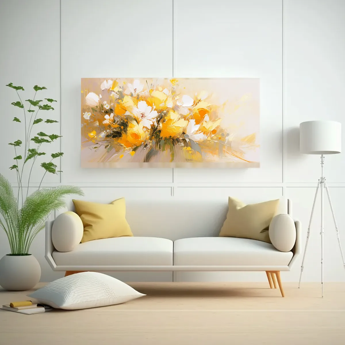 GENERICO - Cuadro Floral Amarillo Y Blanco En Bastidor De 100x50 Cm