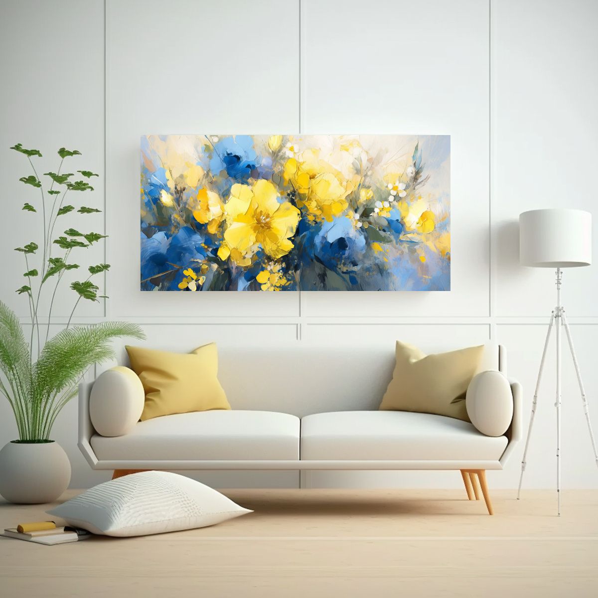 GENERICO - Cuadro Flores Amarillas Y Azules En Lienzo Para 100x50 Cm