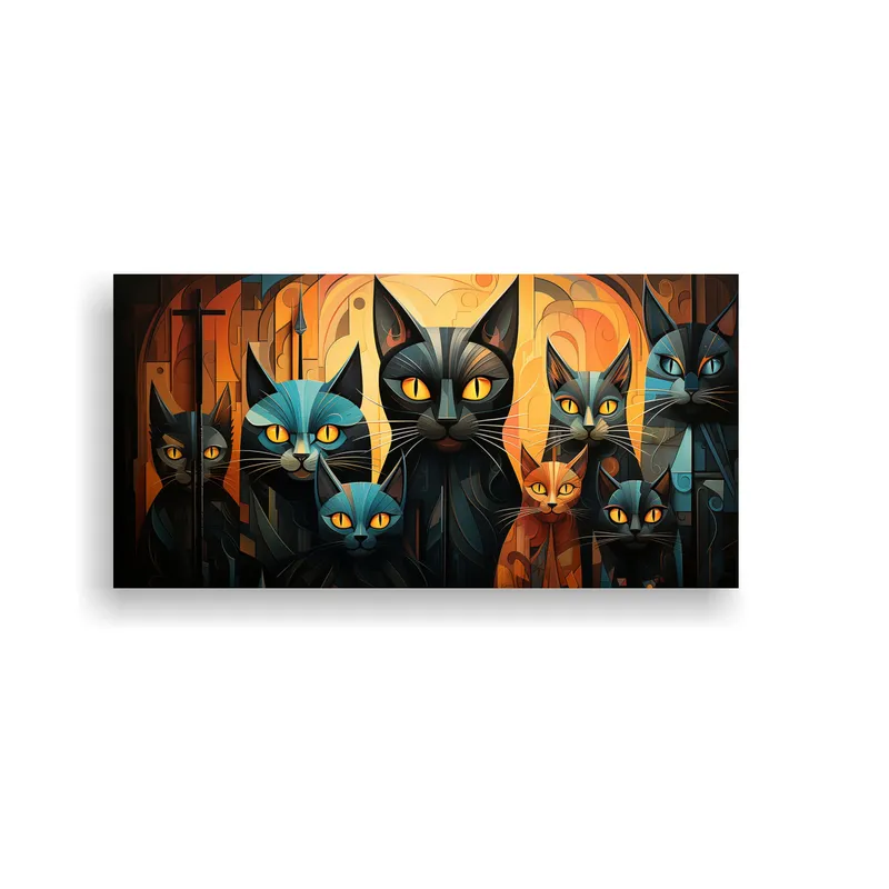 GENERICO - Cuadro Moderno Retrato De Grupo De Gatos Negros 80x40 Cm