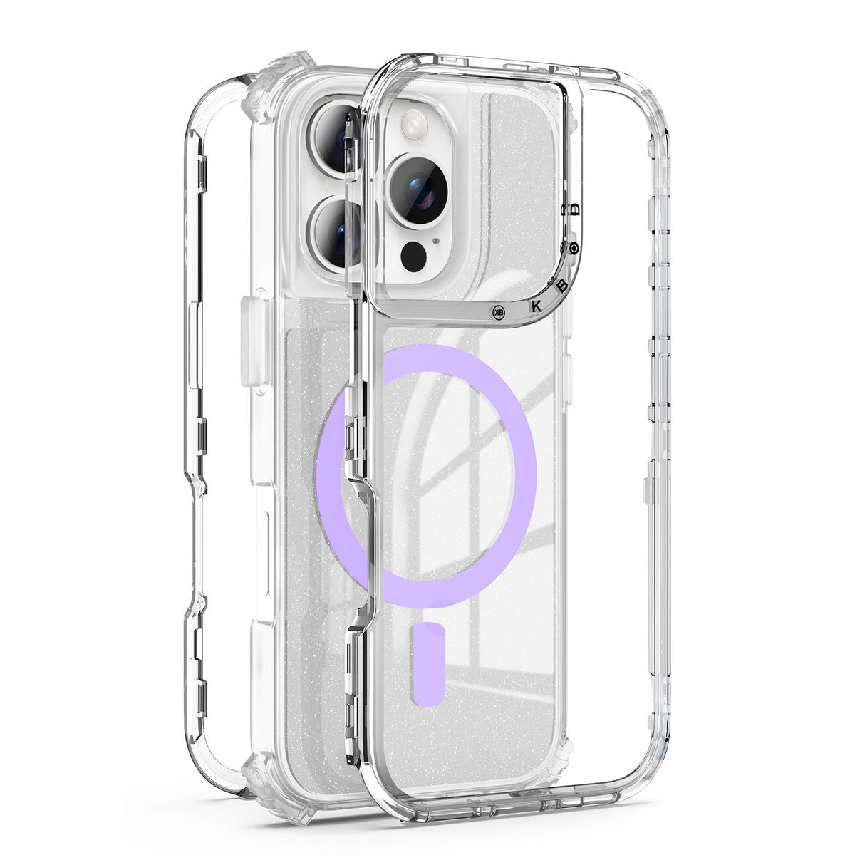 KBOD - Carcasa 360 Transparent Magnetic Kbod Urban Play Para iPhone 15 Pro Max Lila Con Glitter