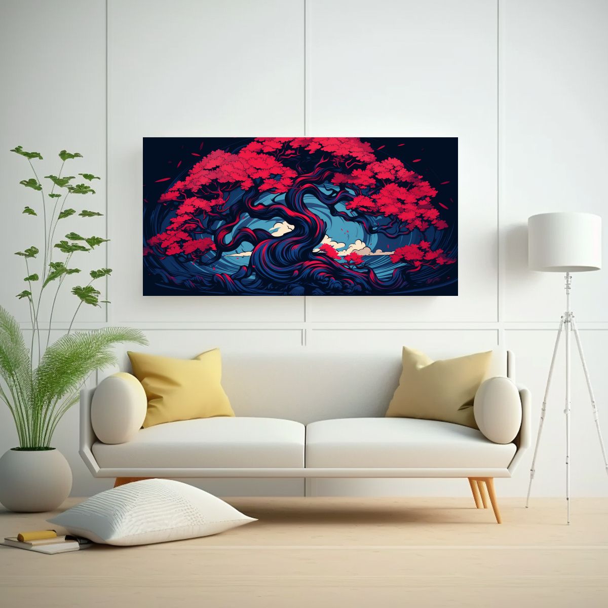 GENERICO - Lienzo Decorativo Bonsái Rojo Y Azul Ambiente 100x50 Cm