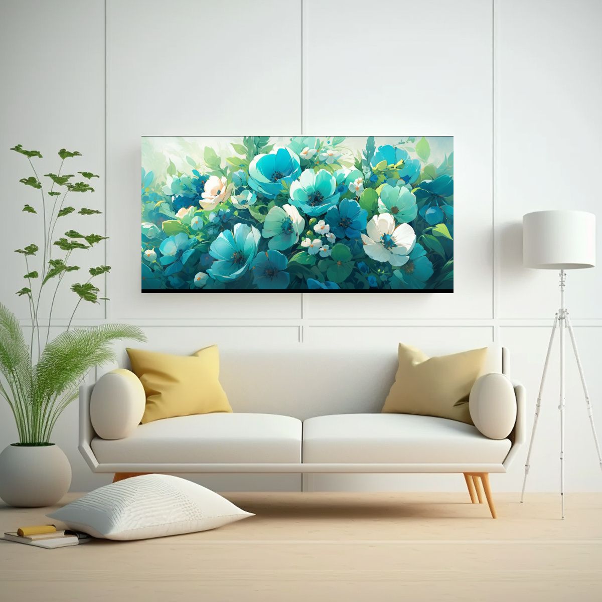 GENERICO - Pintura En Tela De Flores Color Verde Y Cian En 60x30 Cm