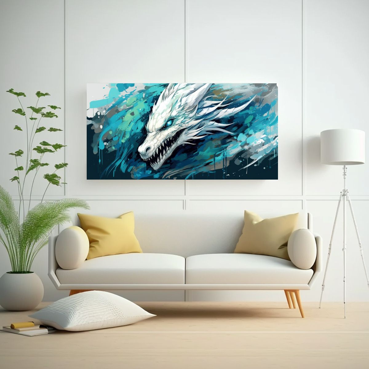 GENERICO - Pintura Decorativa Moderna Dragón En Blanco Y 100x50 Cm.