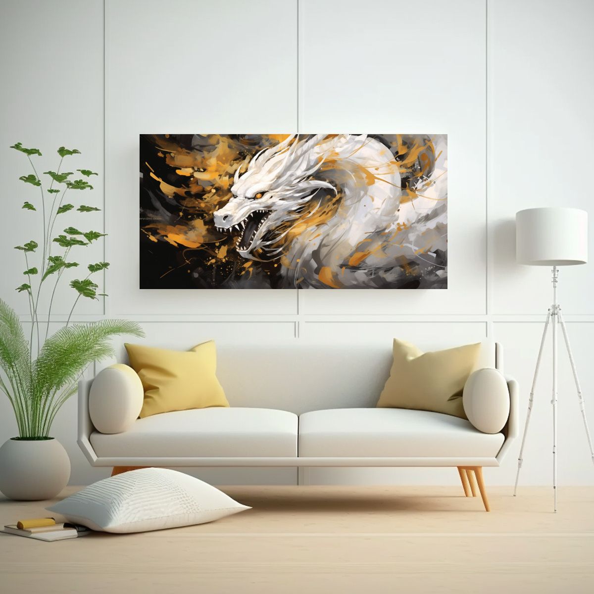 GENERICO - Cuadro Abstracto Dragón En Blanco Y Oro 100x50 Cm