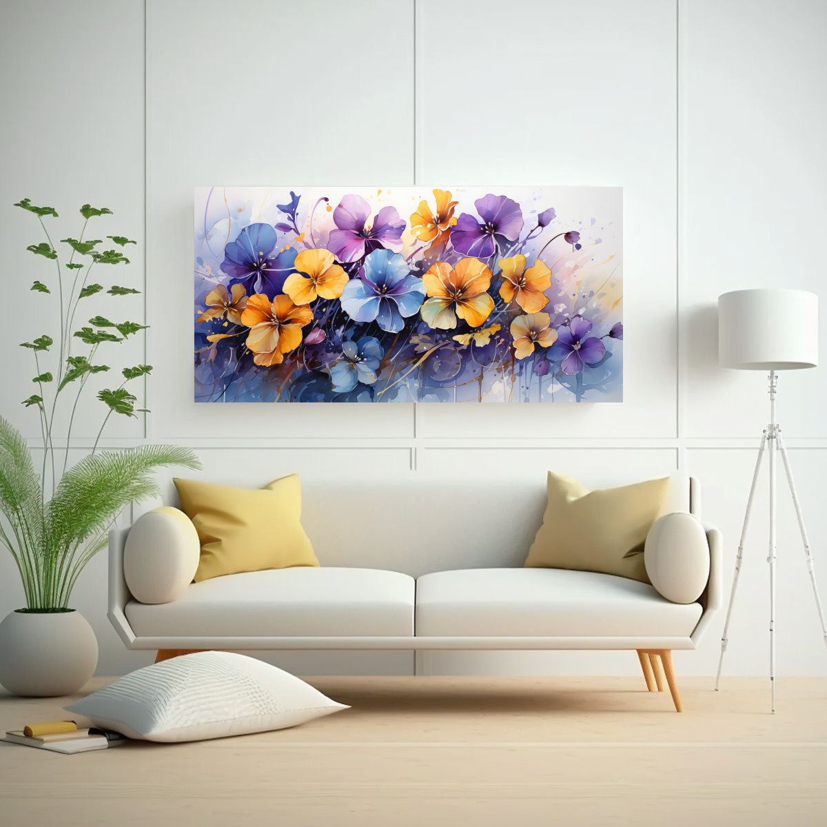 GENERICO - Tela En Bastidor Flores Violetas Y Amarillas En 80x40 Cm.