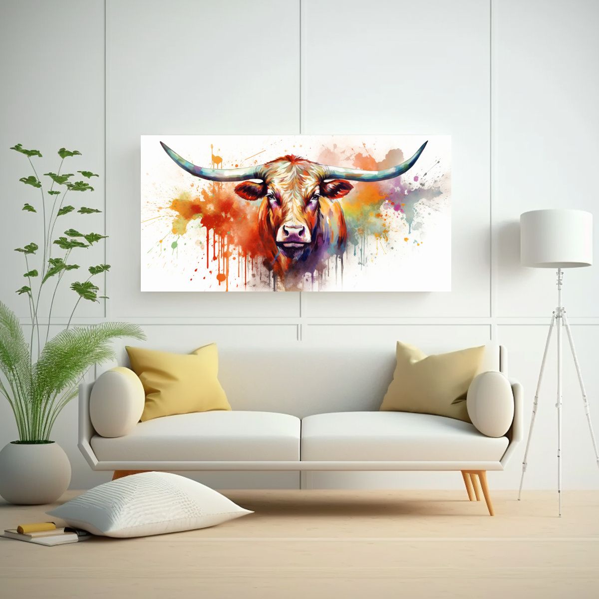 GENERICO - Cuadro Hermoso De Una Vaca Longhorn En Acuarelas 100x50 Cm