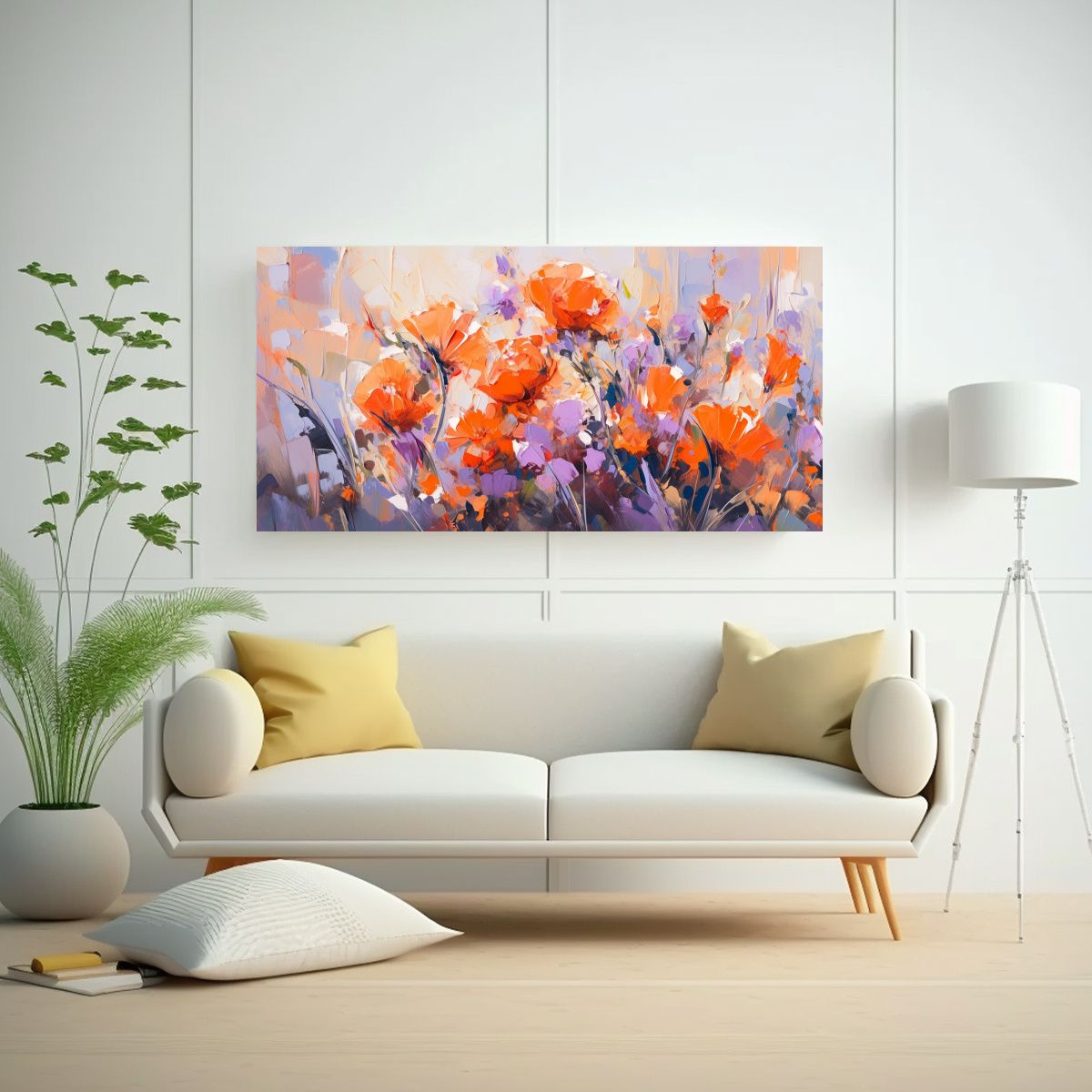 GENERICO - Cuadro Abstracto Púrpura Y Naranja Con Flores En 100x50 Cm