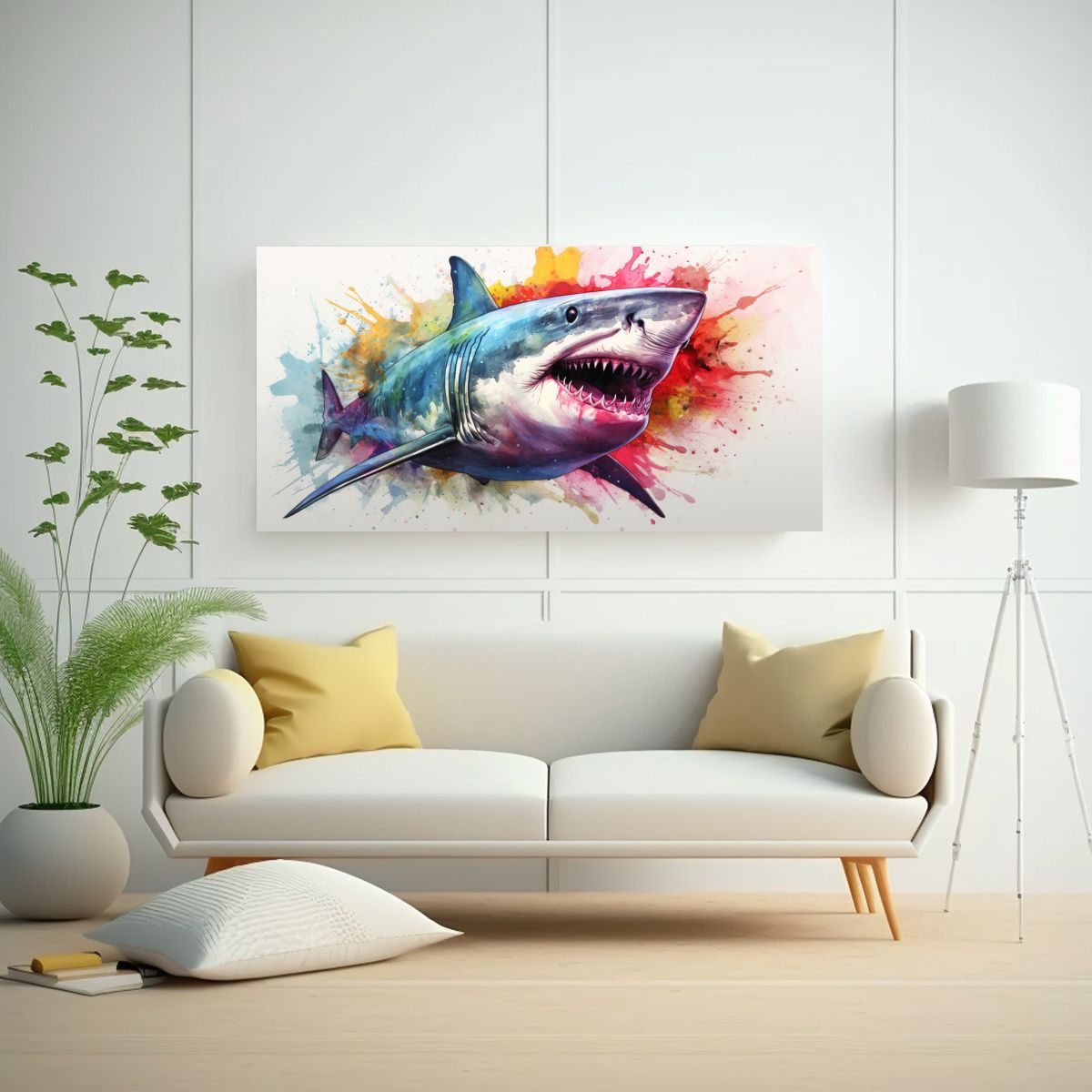 GENERICO - Cuadro Galería Moderno Tiburón Blanco Acuarela 60x30 Cm