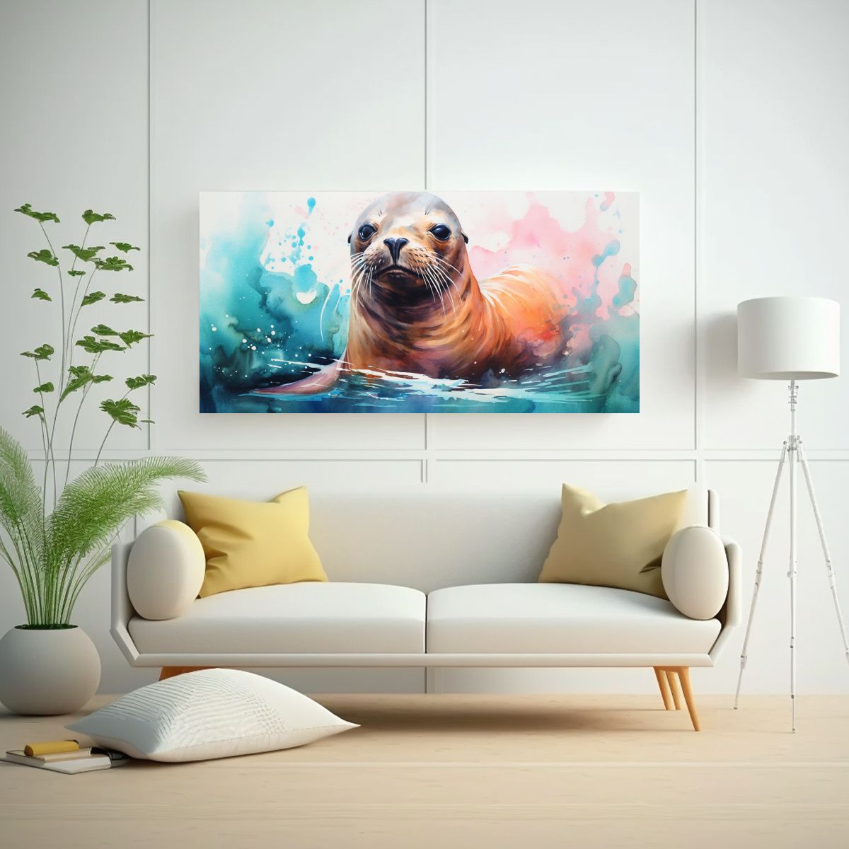 GENERICO - Cuadro Moderno Clásico León Marino Acuarela 100x50 Cm