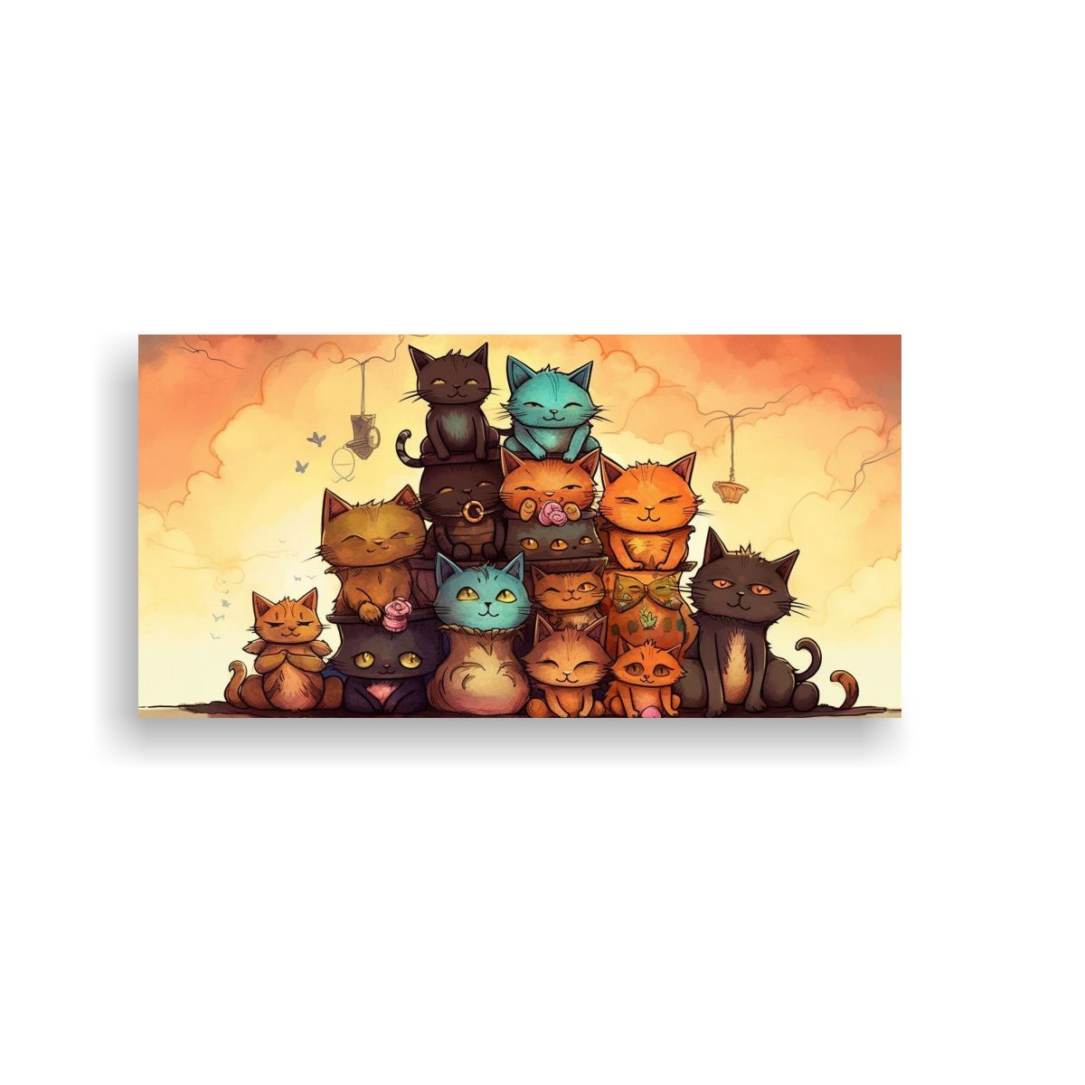 GENERICO - Pintura De Gatos Multicolores En Pila Mirando 80x40 Cm