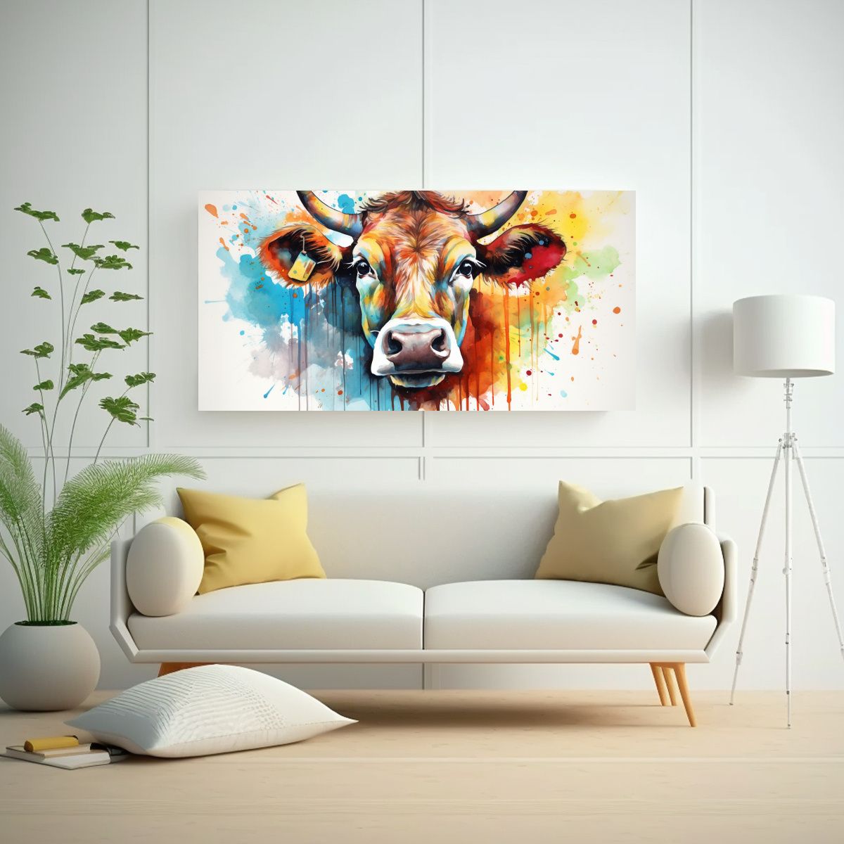 GENERICO - Pintura Acuarela Vaca Colorida Estilo Horizontal 60x30 Cm