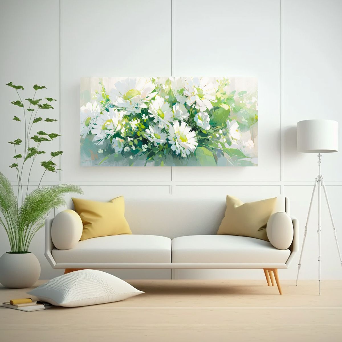 GENERICO - Pintura De Flores En Lienzo Verde Y Blanco Para 60x30 Cm
