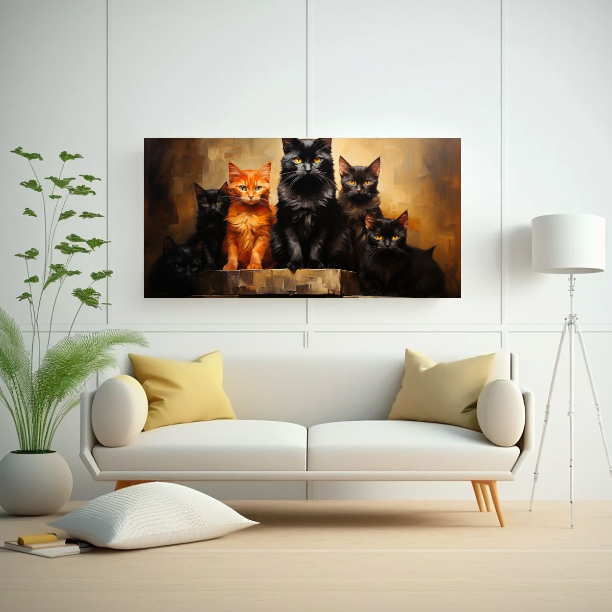 GENERICO - Cuadro Inspiración Gatos Negros Sobre Una Pila 100x50 Cm.