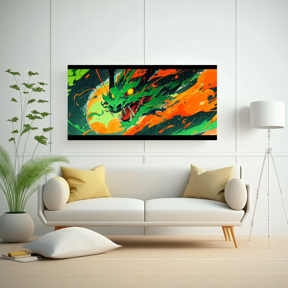 GENERICO - Cuadro Floral Horizontal Dragón Verde Y Naranja 80x40 Cm