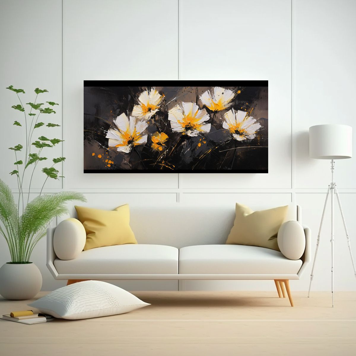 GENERICO - Cuadro Flores Amarillas Y Negras En Lienzo 80x40 Cm
