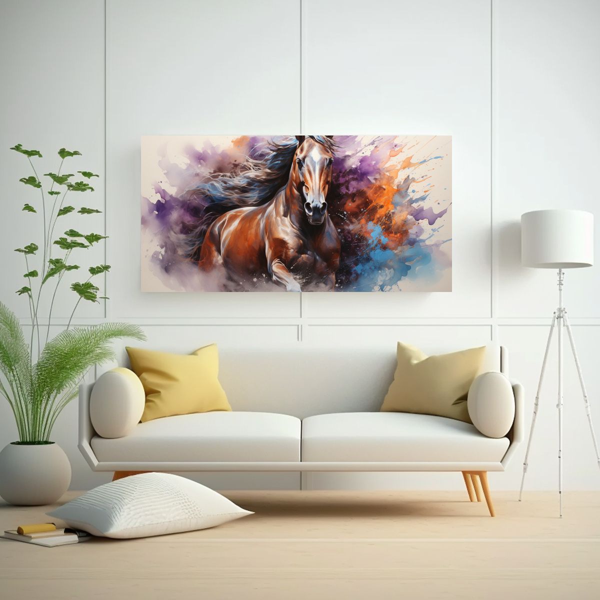 GENERICO - Lienzo Tema Caballo Árabe Acuarelas Coloridas 100x50 Cm