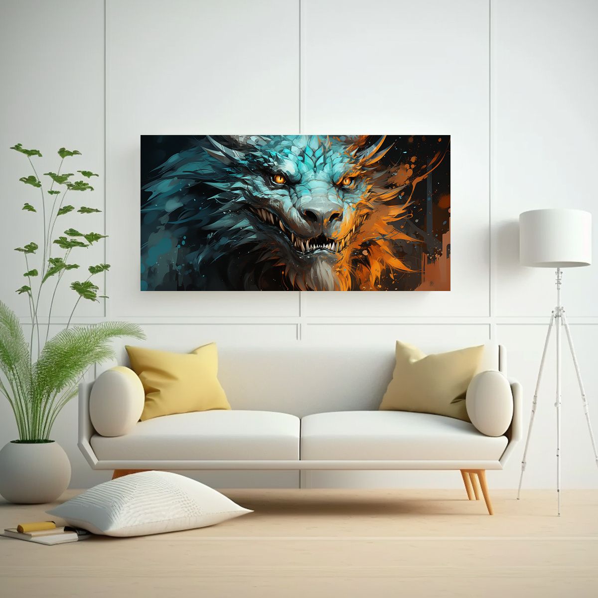 GENERICO - Cuadro En Bastidor Dragón Verde Y Turquesa 100x50 Cm