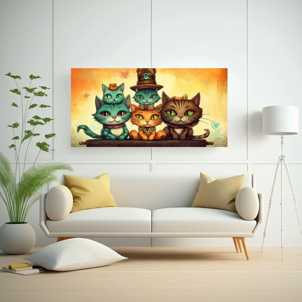 GENERICO - Cuadro Acuarela Gatos En Stack Mirando Al Cielo 100x50 Cm