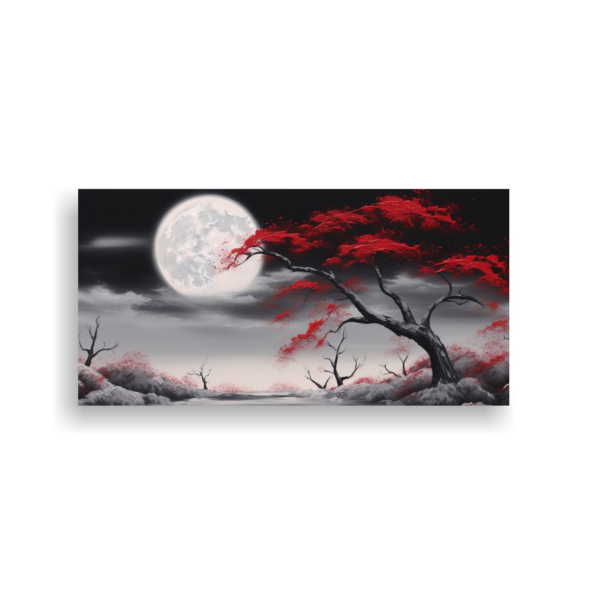 GENERICO - Cuadro De árbol Rojo Y Luna En Campo Blanco Y 60x30 Cm
