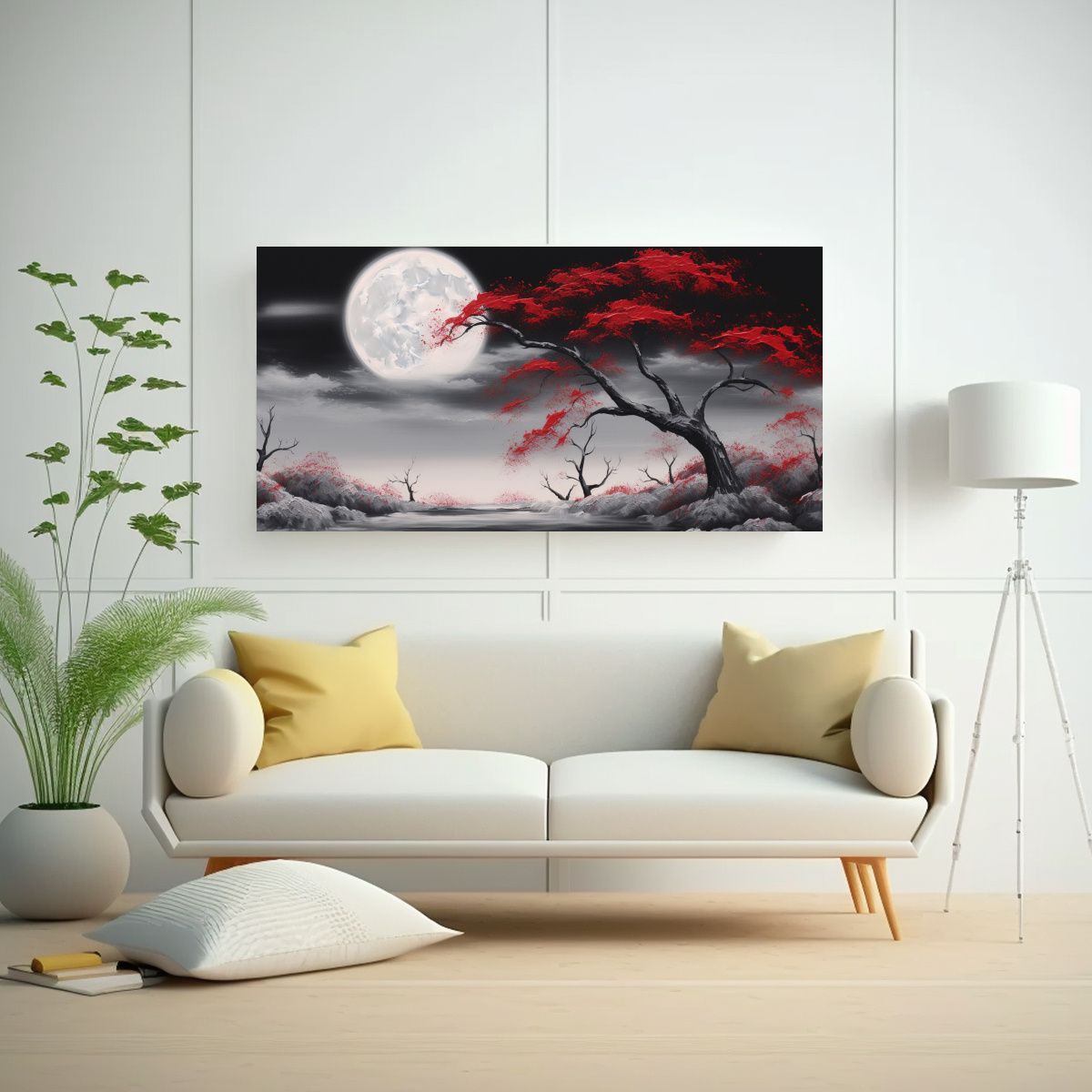 GENERICO - Cuadro De árbol Rojo Y Luna En Campo Blanco Y 60x30 Cm