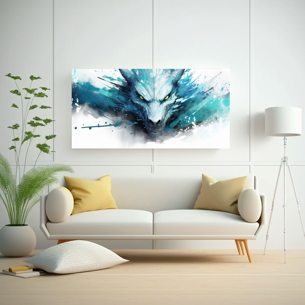 GENERICO - Cuadro Dragón Acuarelas Turquesa Expresividad 80x40 Cm