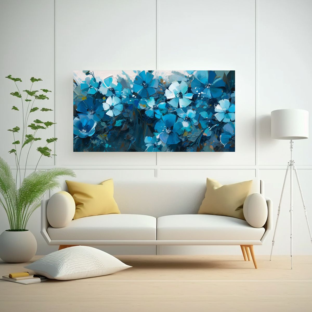 GENERICO - Lienzo Temática Turquesa Y Azul Flores En 80x40 Cm