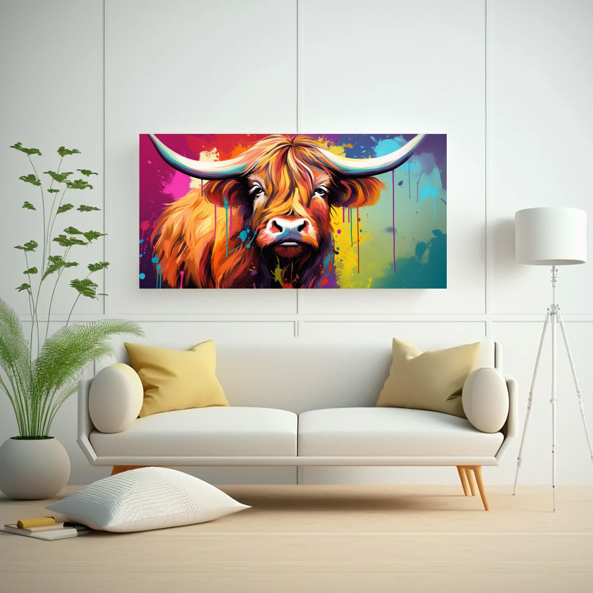 GENERICO - Arte Pared Vaca Highland En Tonos Arcoíris 60x30 Cm