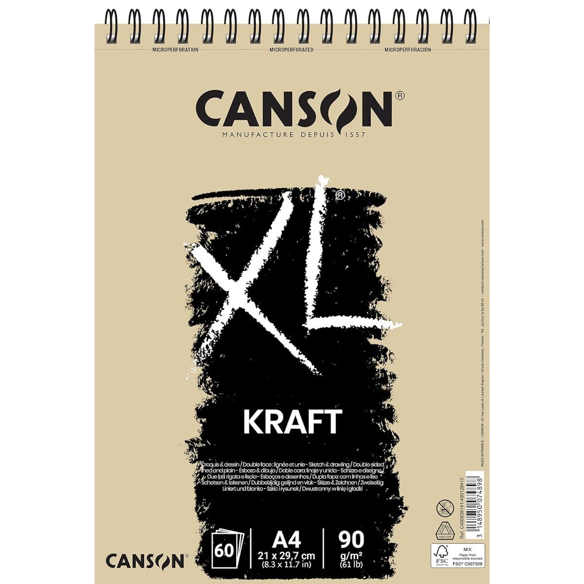 CANSON - Croquera Dibujo Canson XL Kraft 90gr A4 21x29cm 60 hojas