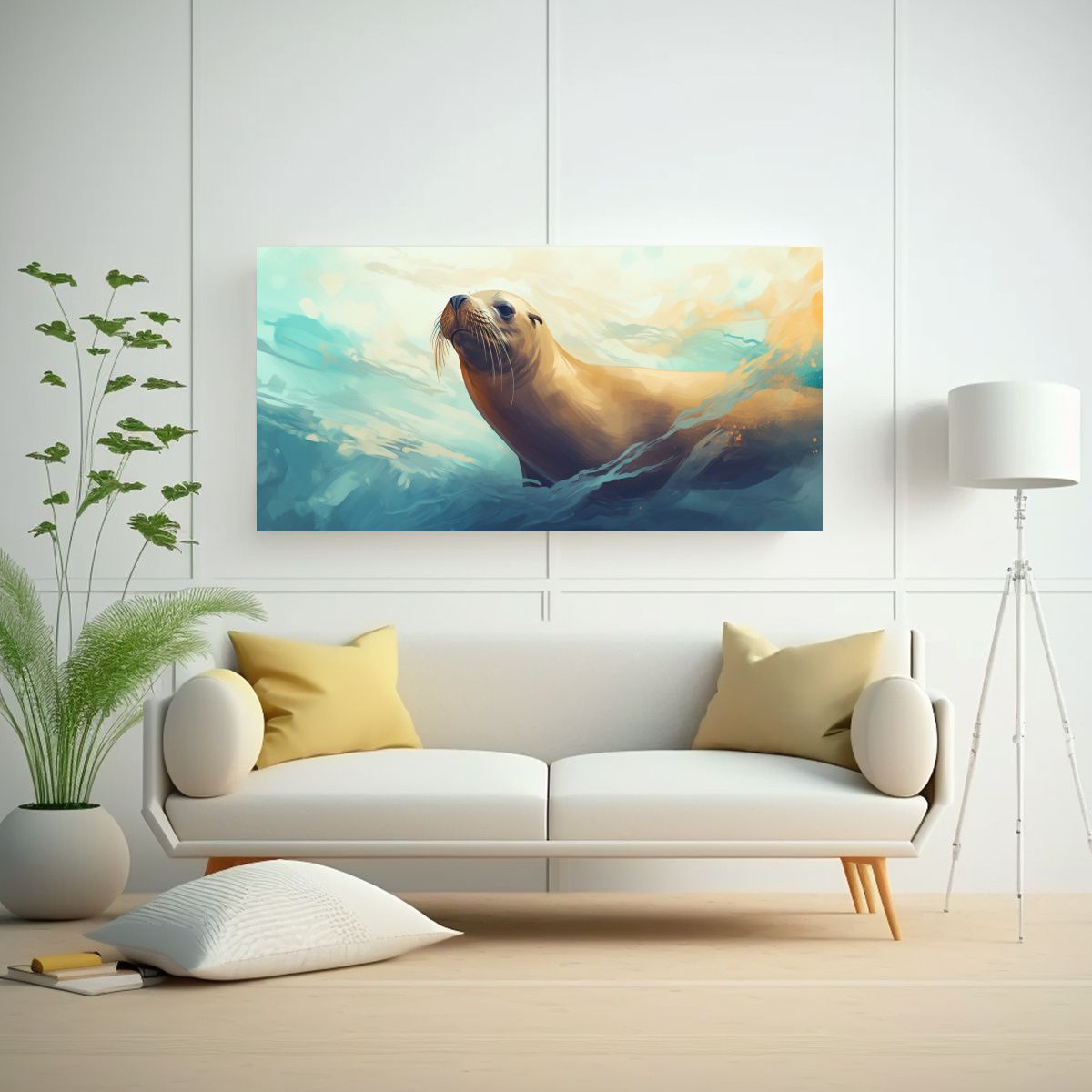 GENERICO - Cuadro Tema Ambiente León Marino Acuarela 60x30 Cm