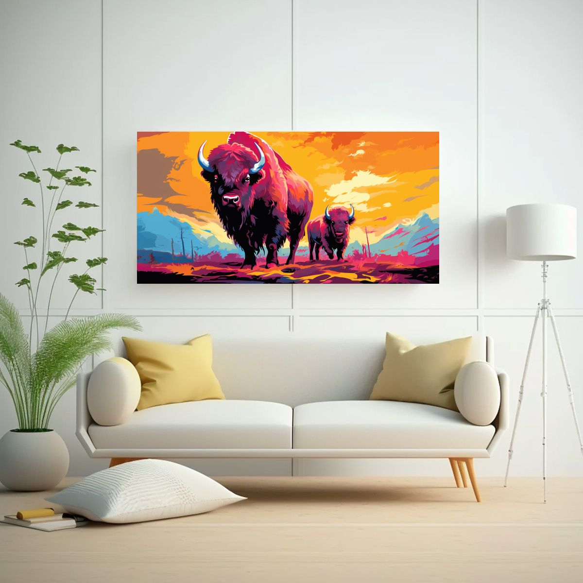 GENERICO - Arte Gráfico Bison Y Búfalo En Colores Vívidos 80x40 Cm.
